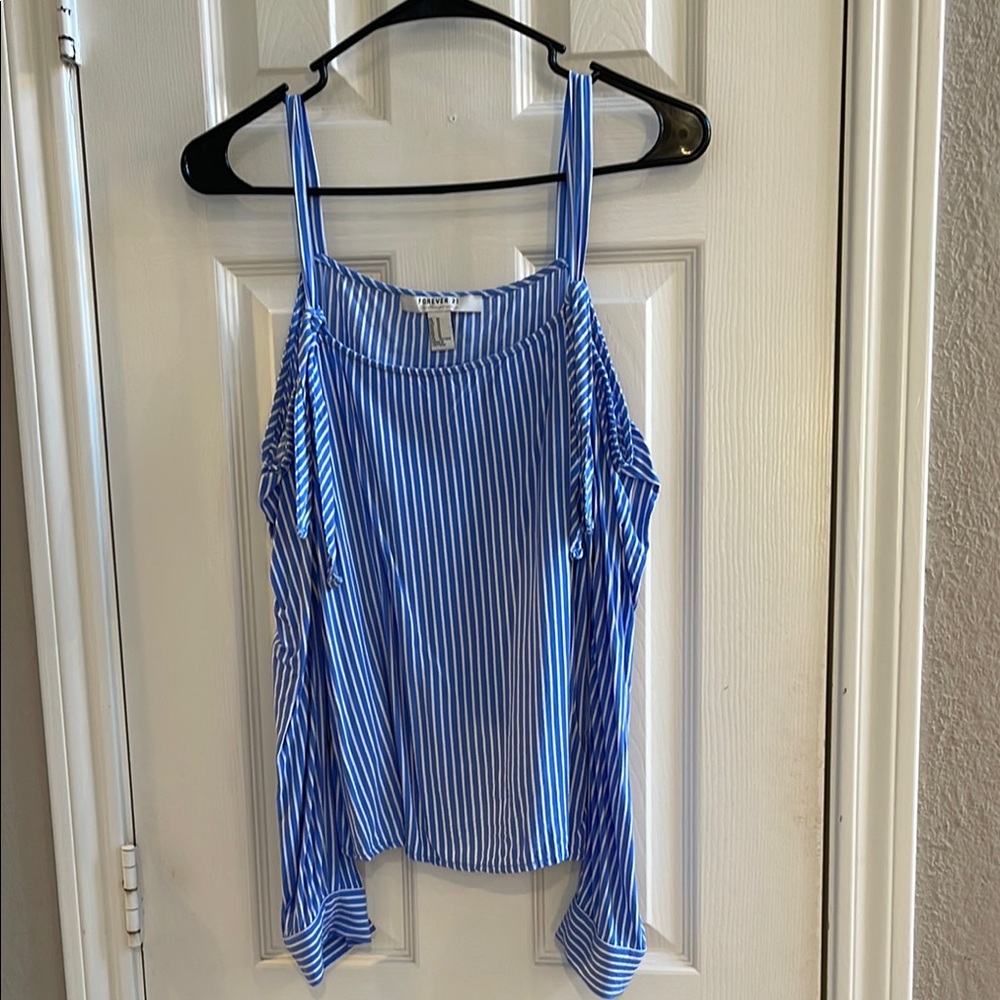 Forever 21 Blue Striped Long Sleeve Cold Shoulder Top